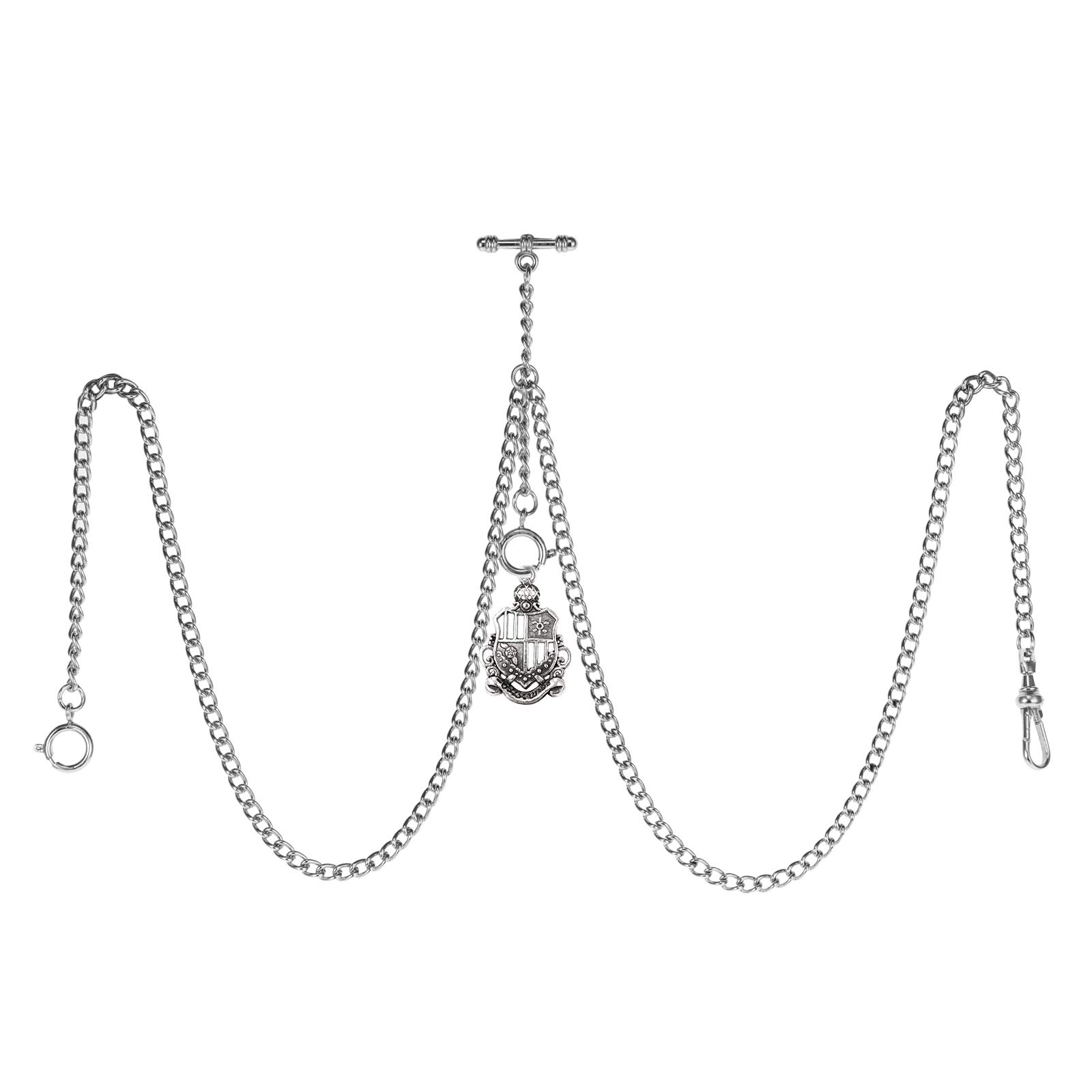 TREEWETO Taschenuhrkette mit T Bar Endstück Gesamtlänge 72cm Doppel Albert T-Bar Taschenuhr Kette mit Antiker Schild-Anhänger und 3 Haken für Weste Knopfloch