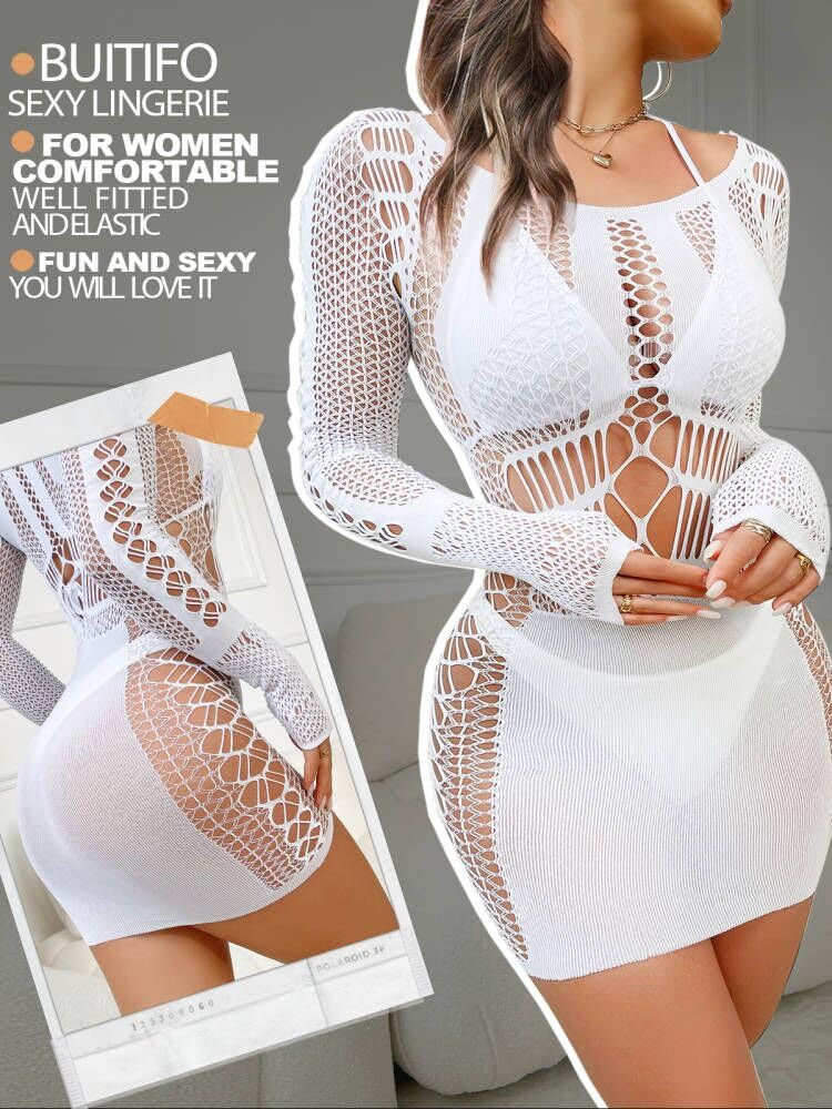 Buitifo Sexy Lingerie for Women Fishnet Mini Dress One Piece Babydoll Nightwear: White Medium