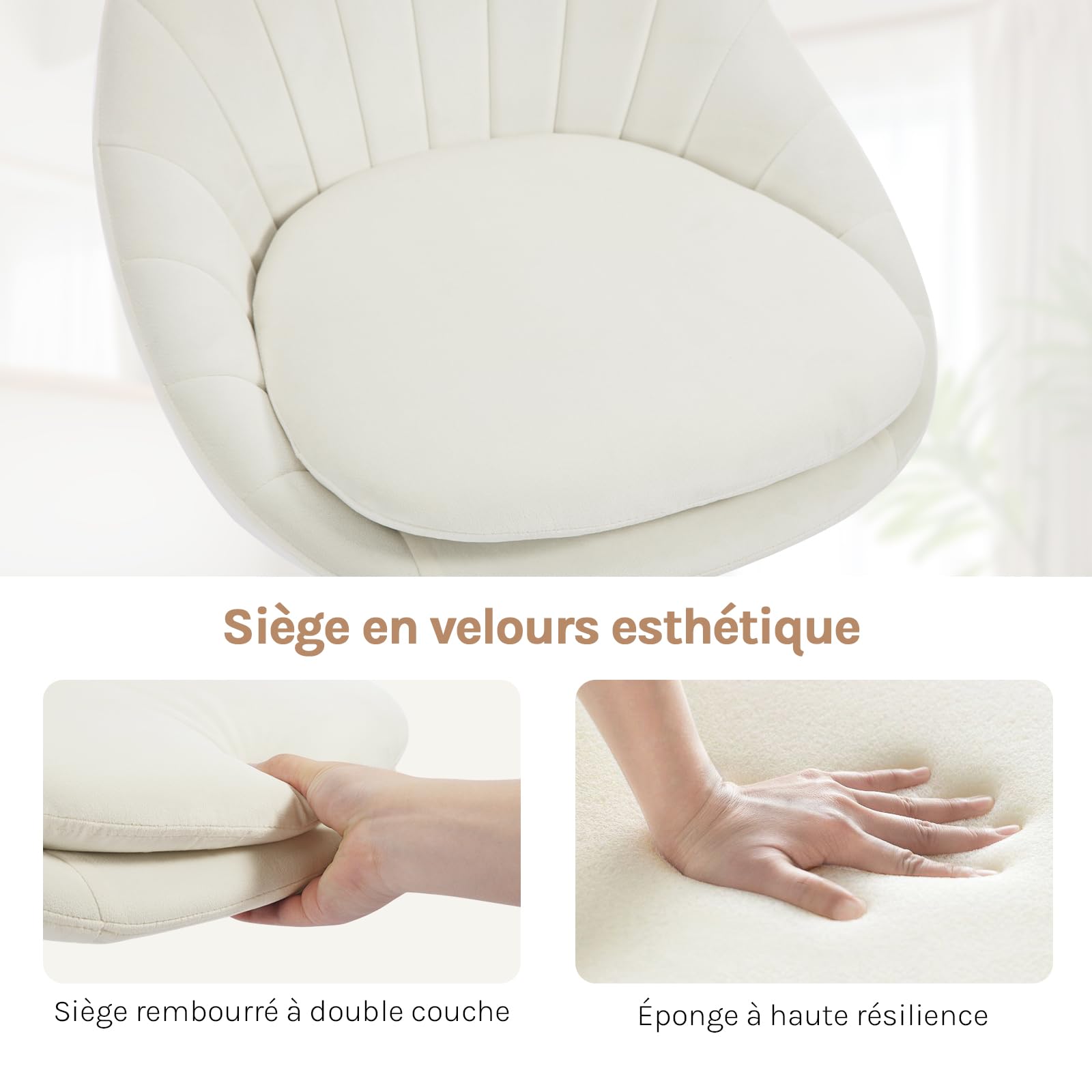 WOLTU Chaise Bureau, Chaise Coiffeuse Pivotante, Siège Rembourré avec Double Coussin, Réglable en Hauteur, pour Bureau, Chambre, en Velours, Beige, BS167cm