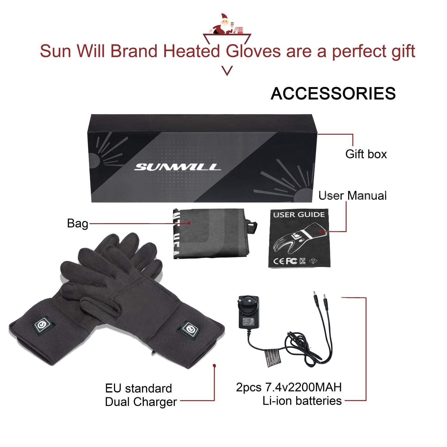 Gants Chauffants Électriques Sun Will 7,4V 2200mAh pour Homme Femme Cyclisme Ski Hiver