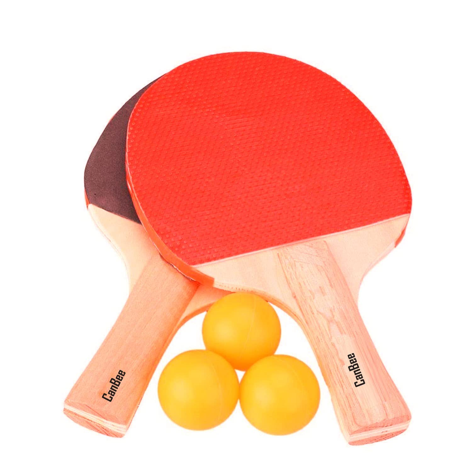 Canbee Table Tennis Racket Wooden | Red and Black Eva Fome Coting Wooden Polished Handles for Kids Traning (Set of 2 Racket 3 TT-Balls)