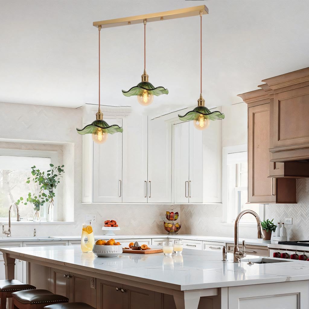 Lámpara colgante con 3 lámparas de techo de cristal verde, flores E27, regulable en altura, suspensión de mesa de comedor para salón dormitorio cocina