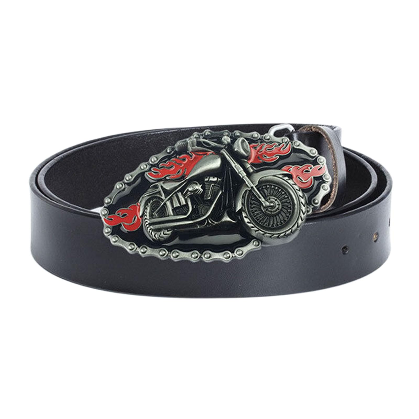 OBASDFD Men's Cowboy Western Belt, Genuine Leather With Motorcycle Pattern Alloy Buckle(Black,125CM/49.2'')