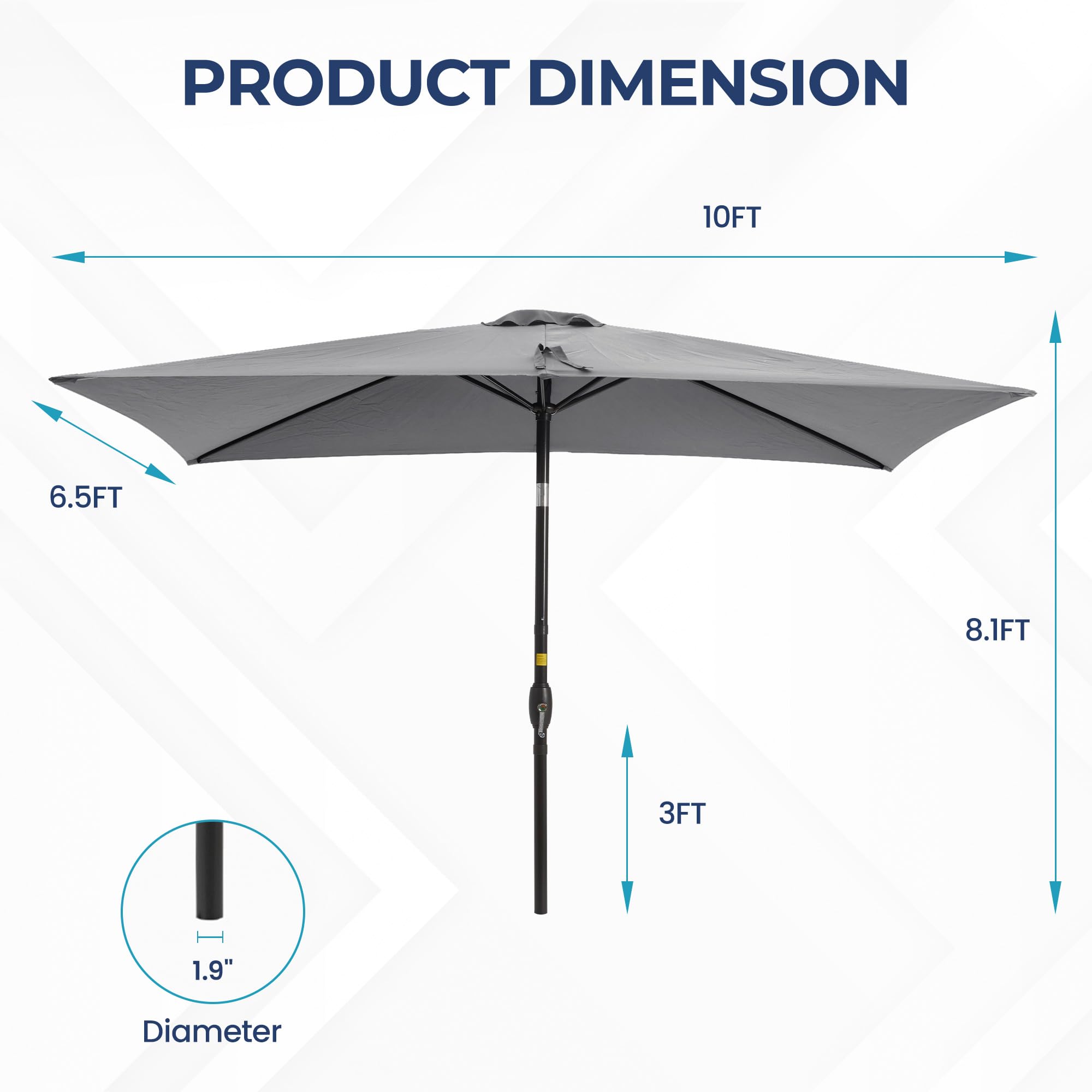 SUNVIVI OUTDOOR Sombrilla rectangular de 6.5 x 10 pies, poste de aluminio, sombrilla de mercado para mesa al aire libre con manivela, 6 varillas de acero, toldo de poliéster, color gris