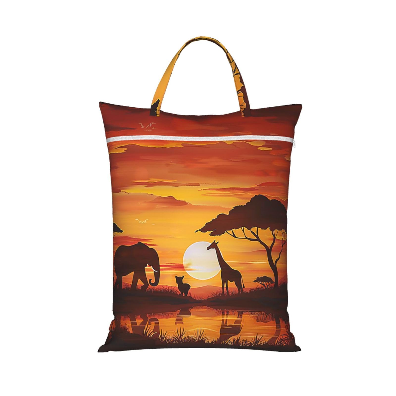 Large Travel Laundry Bags,Elephant and Giraffe in The Sunset Print with Handle Foldable Laundry Bag for Holidays Gym Swimming and Family Trips, 1Pcs