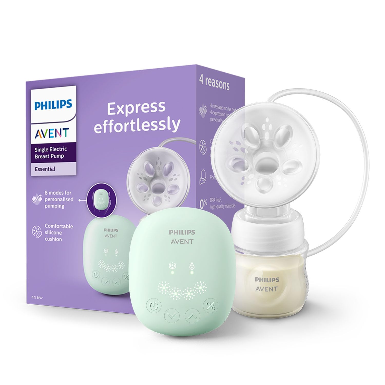 Philips Avent Portable Electric Breast Pump | No.1 Brand Recommended by Moms Worldwide | Soft adaptive Silicon Cushion | One Size Fits all | 4 + 4 Expression and Stimulation settings | Quiet Motor |Corded SCF323/11