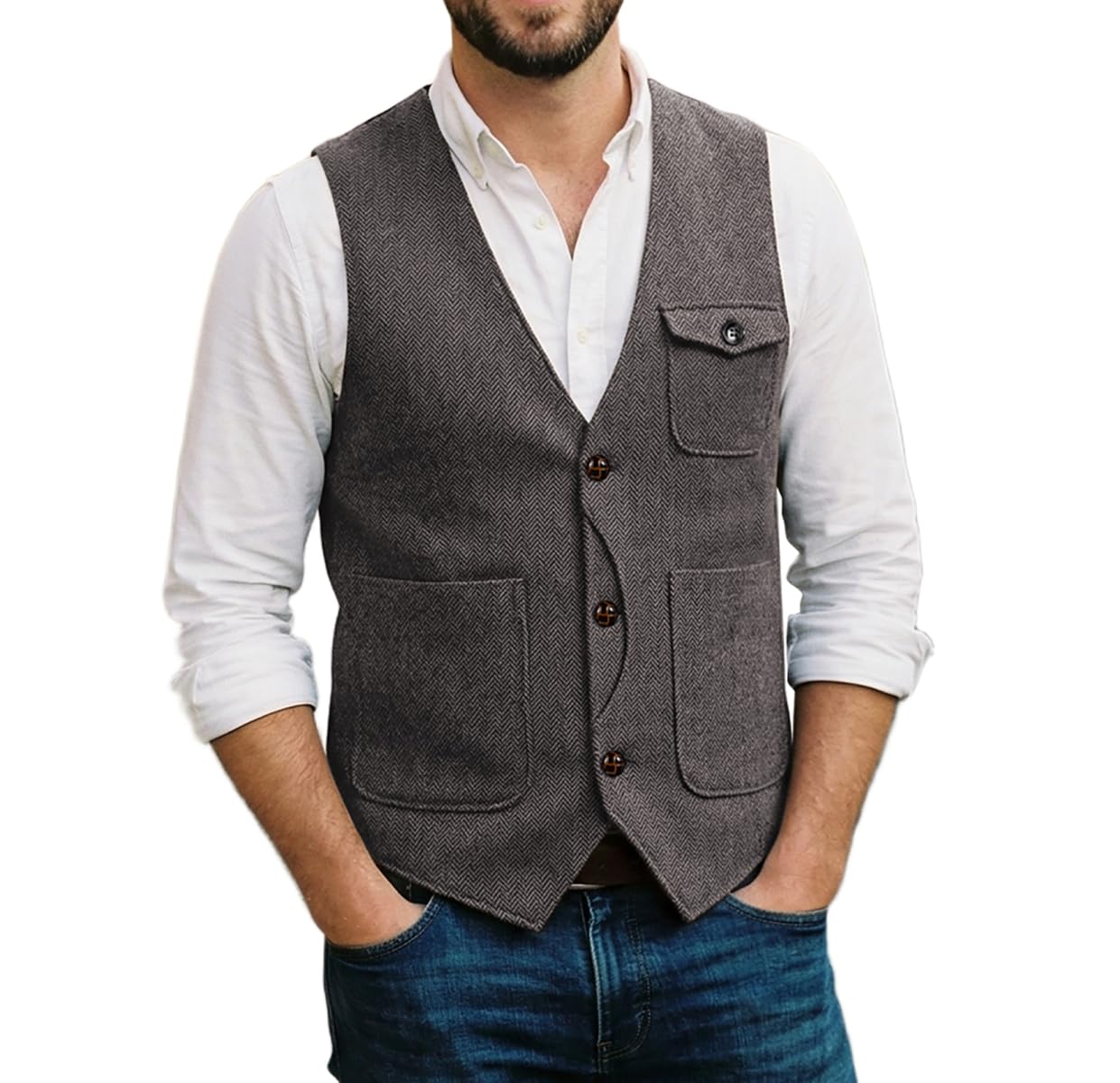 Solovedress Mens Vintage Wool 3 Real Pockets Suit Vest V Neck Tweed Waistcoat for Wedding Groomsmen(Grey,XXXL)