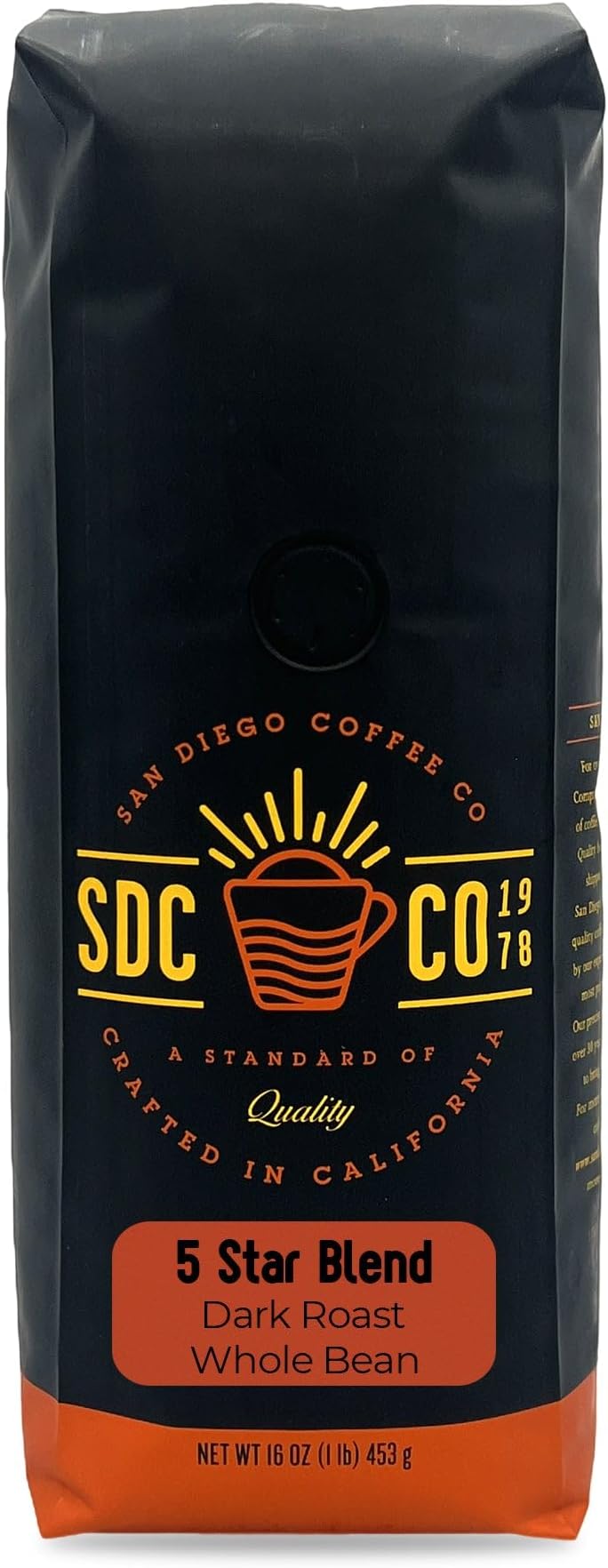 5 Star Blend, Dark Roast, Whole Bean, 16 oz | Our San Diego Coffee 5 Star Blend offers a robust and full-bodied flavor that is a favorite among dark. Coffee beans.