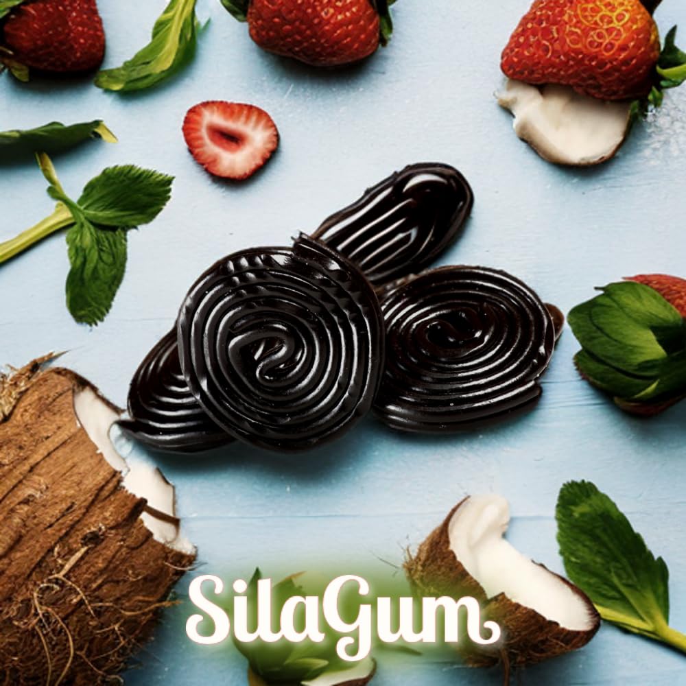 Silagum mix caramelle alla liquirizia, 6 confezioni da 200/450 grammi, Spirelle e tronchetti ripieni al cocco e fragola, Ingredienti naturali, Made in Italy