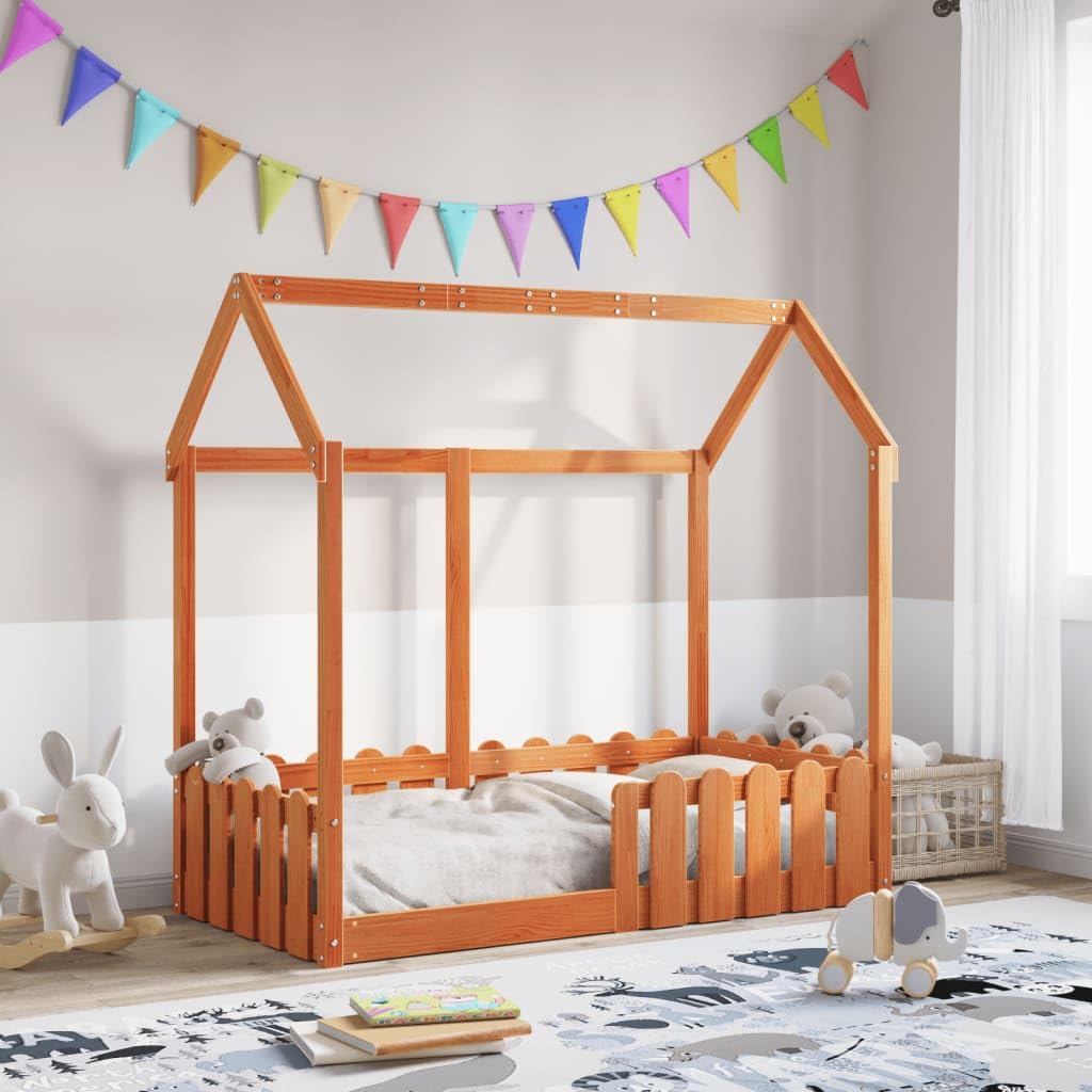Hothingwell Bettgestell für Kinder, Hausform, Holz, 70 x 140 cm | Massives Kiefernholz, robuste Seitenbarrieren, bodentiefes Design, offenes Dach für Heimwerker, Lattenrost inklusive