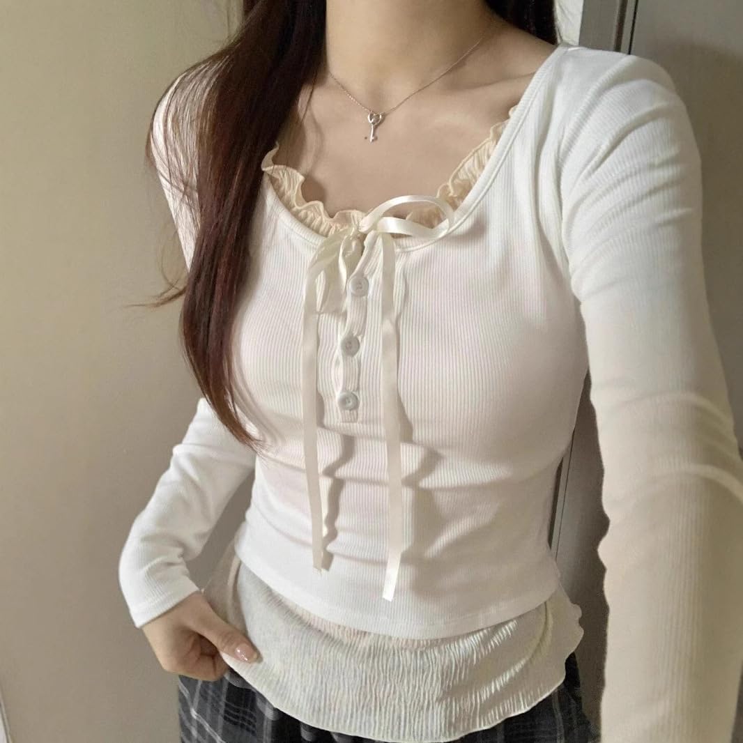 Y2K Coquette Shirts Girly Lace Patchwork Tight Crop Tops Women Fairycore Aesthetic Baby Tee Bow Tie Cutecore Clothes - Image 4