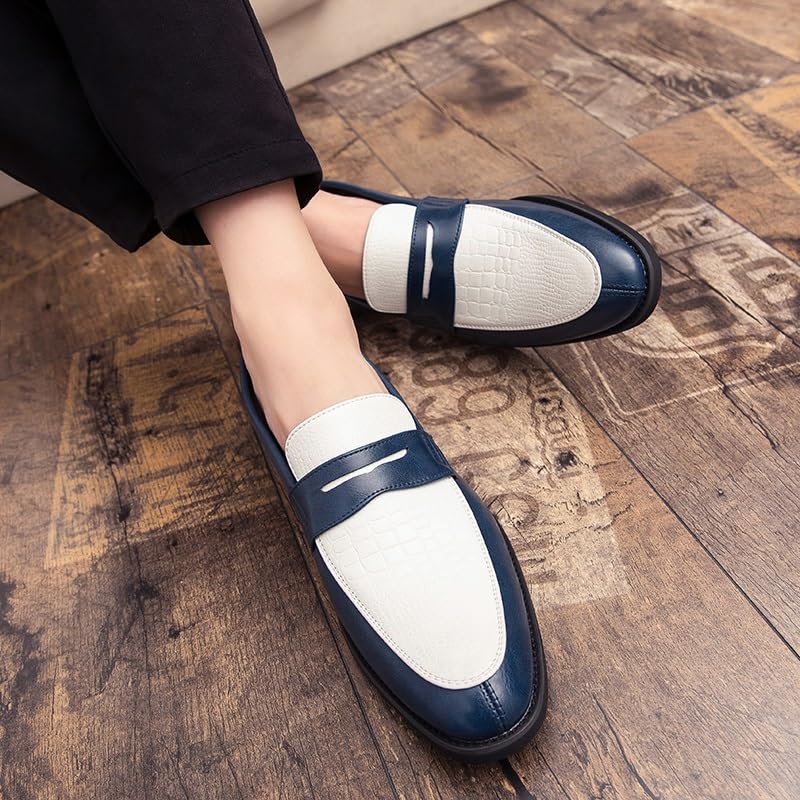Formal Dress Shoes for Men Slip On Round Toe Two Tone PU Leather Penny Loafer Non Slip Low Top Rubber Sole Anti-Slip Outdoor(White Blue,9)3