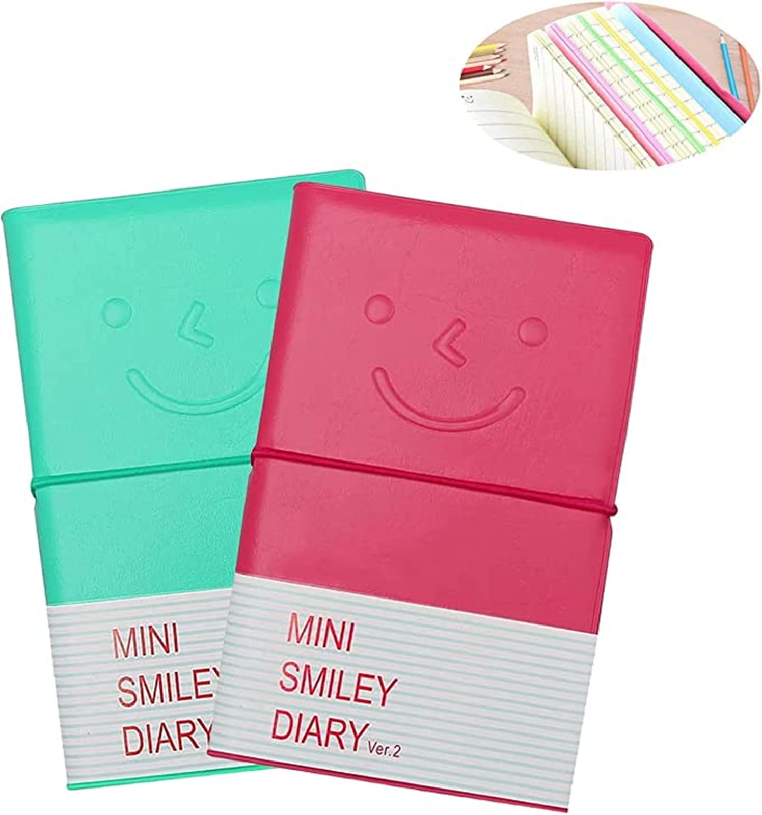 Cheeroyal 2 Pcs Mini Smiley Notebook, Mini Smiley Diary 2 Colors Pocket Notebook Small Memo Pads Travel Notepads with Elastic Closure-Leather Cover for- 100 Pages