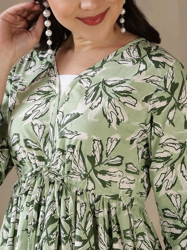 Image of Daevish Women's New Rayon Printed Tie-up Waist V Neck Flared Maxi Dress | Women Flared Dress
