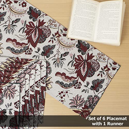 Image of HOKIPO Cotton Jacquard 6 Placemats with Runner for Dining Table 6 Seater (IN530-D4*6+IN532), Large, white spring flower