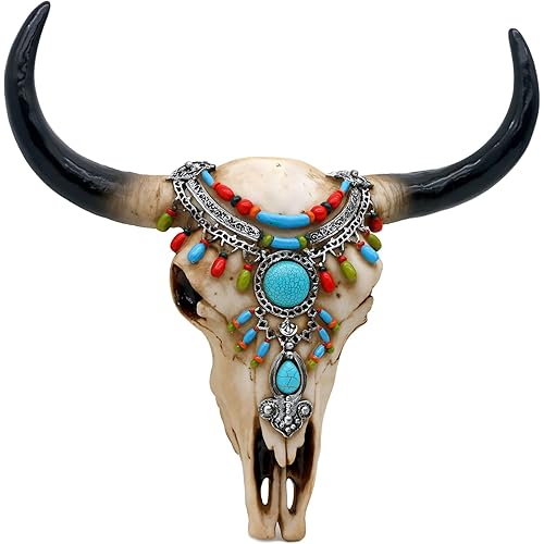 alikiki Southwest Cow Skull Wall Decor - Rustic Tribal Bull Skull Head with Turquoise Stone 3D Resin Long Horn Faux bison Steer Buffalo Wall Hanging for Home Office Room Wall Art Wall Ornament