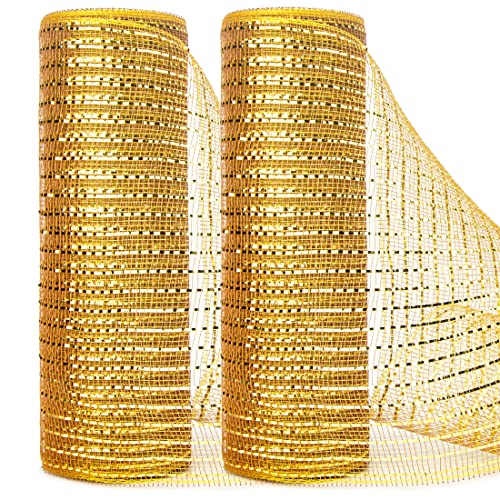 Ribbli 2 Rolls Gold Mesh Ribbon 10 inch x 30 feet(10Yard) Each Roll Metallic Gold with Wide Gold Foil Christmas Ribbon for Wreath Swags and Decorating