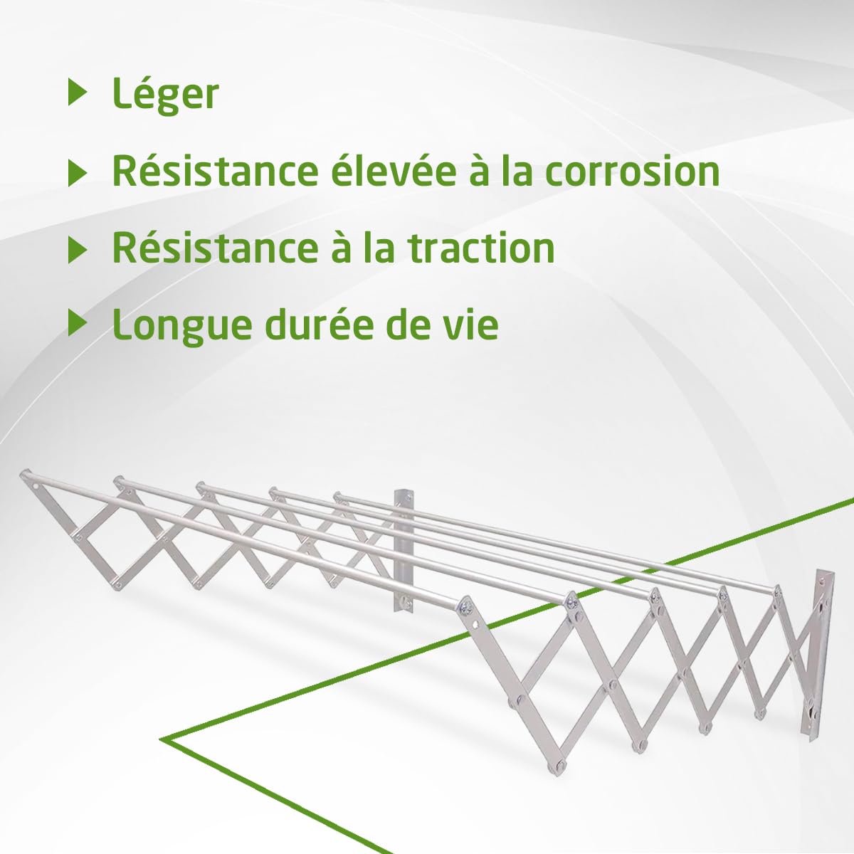 Amig – Étendoir Mural Extensible - Dimensions : 180 x 14 x 3 cm - Surface d’étendage : 9 m - Aluminium Inoxydable - Visserie en Acier Inoxydable - pour intérieur et extérieur - Installation Facile