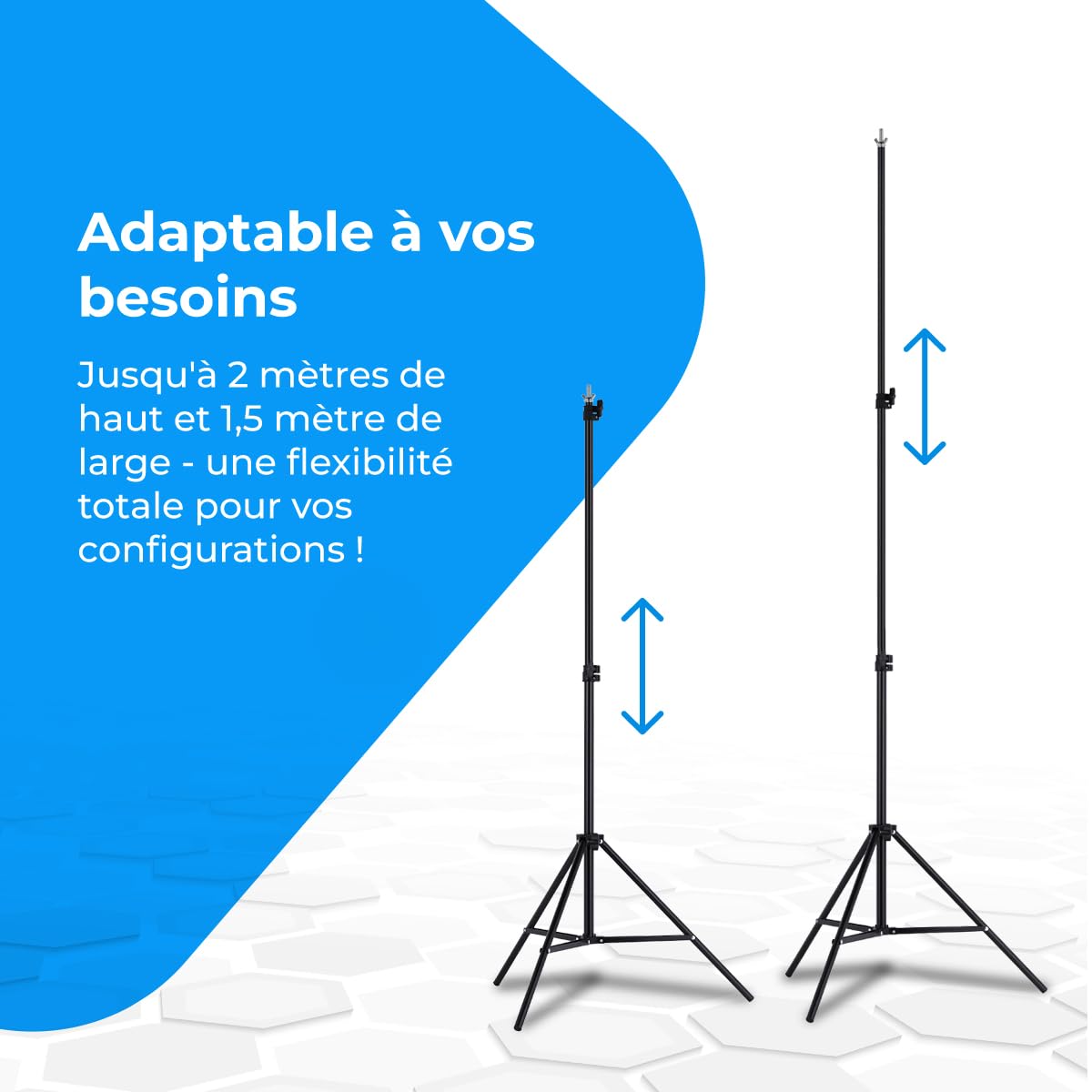 NK Support de Fond pour Photographie Professionnelle 2 x 3 mètres réglable et rétractable, 2 trépieds, 1 Barre transversale entrelacée, 6 Pinces, 4 Pinces latérales en Velcro, 1 Sac de Transport