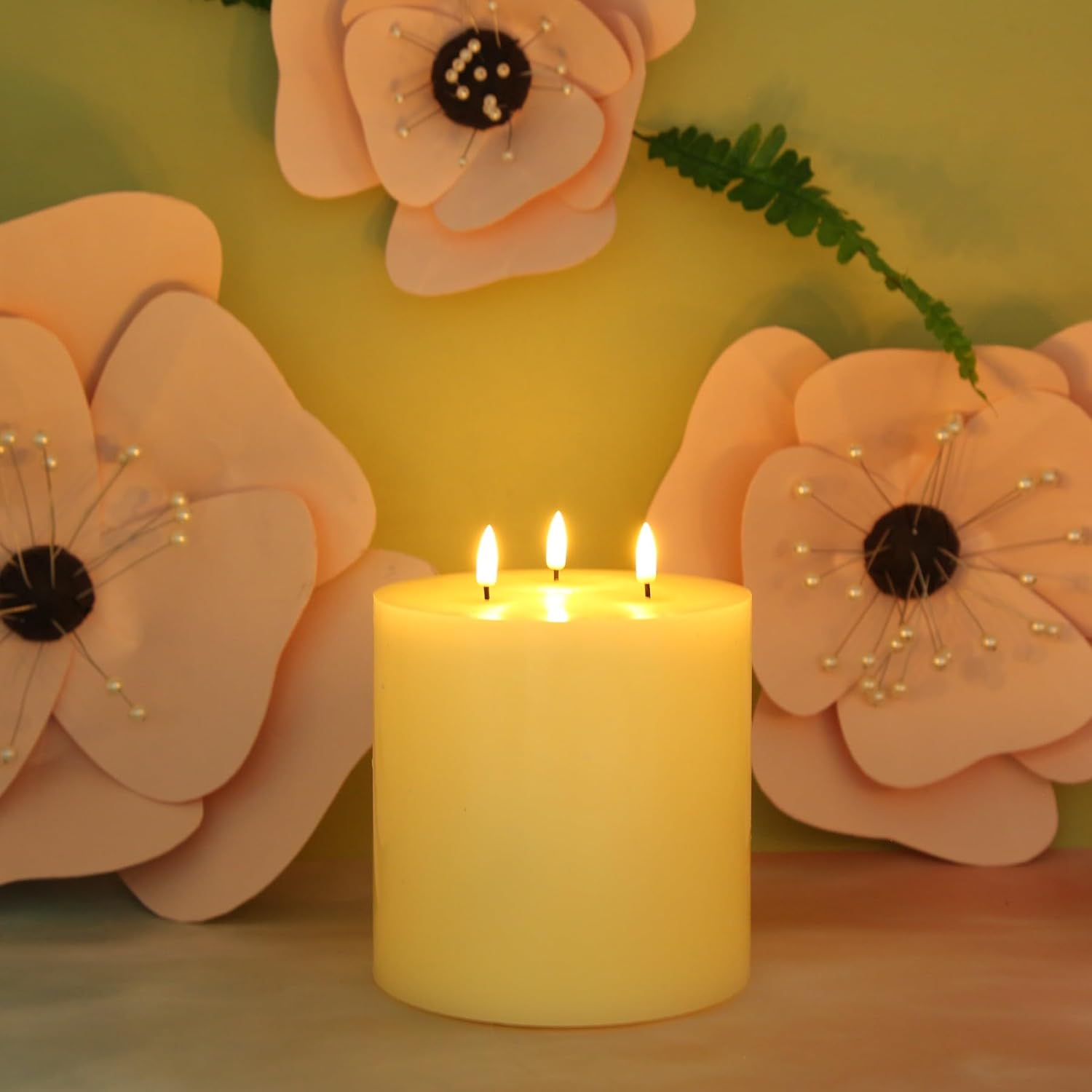 3 Wick Flameless Pillar Candle with Remote, Large Ivory LED Wax Candle Battery Powered Φ 6" H 6"