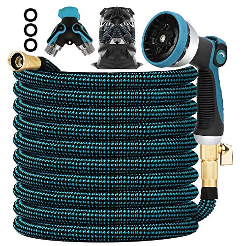 50FT Expandable Garden Hose, Water Hose with 9 Function Nozzle Spray Nozzle, Heavy Duty Flexible Water Hose with 3 4” Solid Brass Fittings Blue and Black.