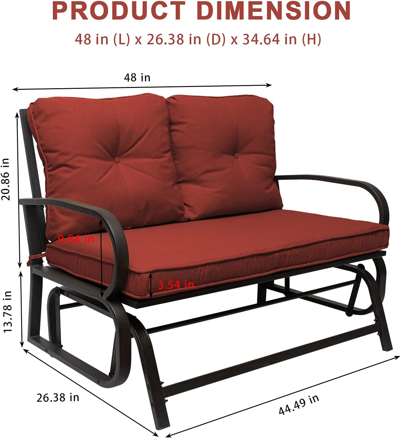 Outdoor Swing Glider Rocking Chair 2-Person Loveseat Seating, Patio Bench Garden Porch Furniture with Cushion, Steel Frame (Rust)