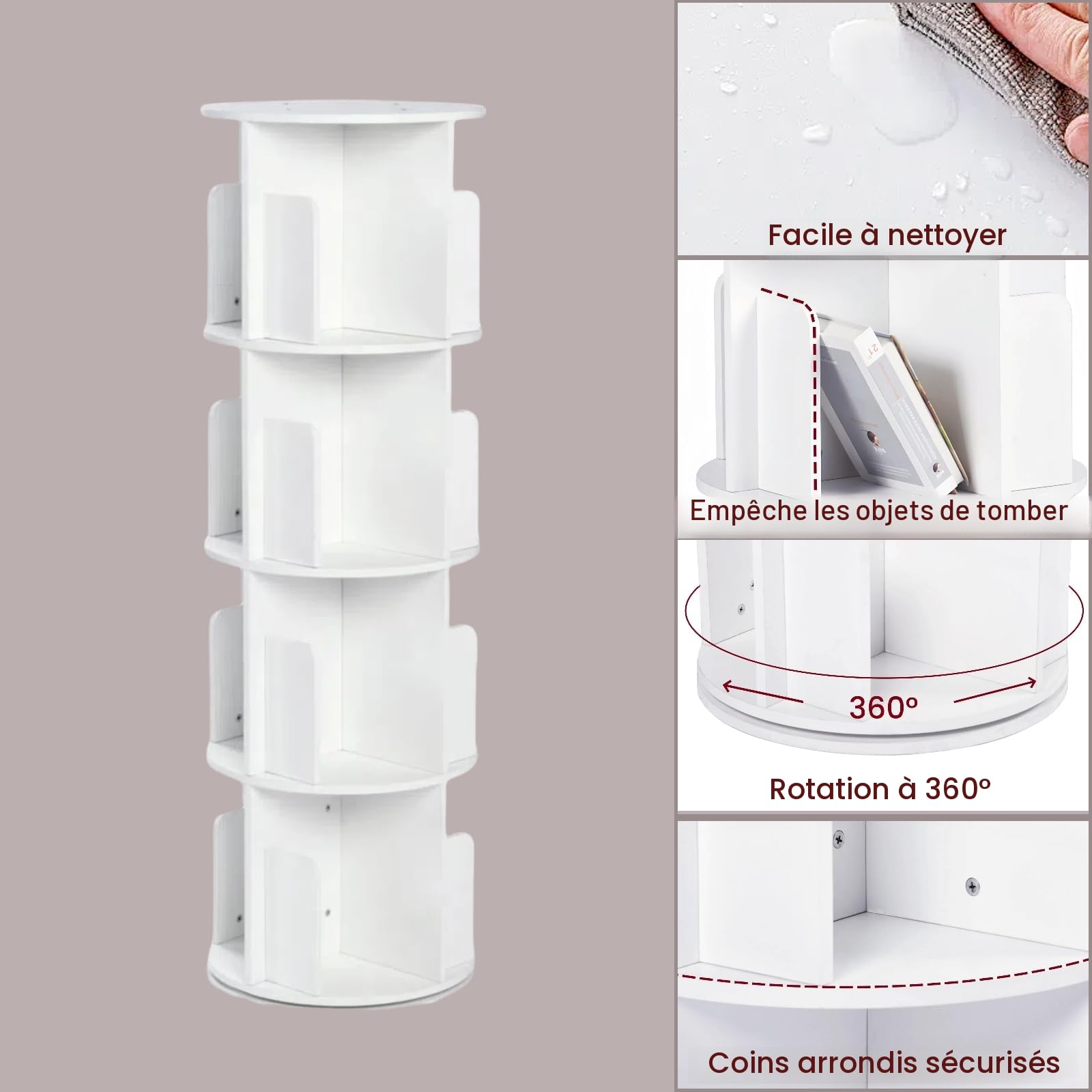 Enfant Bibliothèque Pivotante, 360° Rotative, 4 Niveaux, Étagère à Jouets, Bibliothèque Enfant pour Chambres d'enfants, Bibliotheque Enfant et Salon, Ronde, Blanc