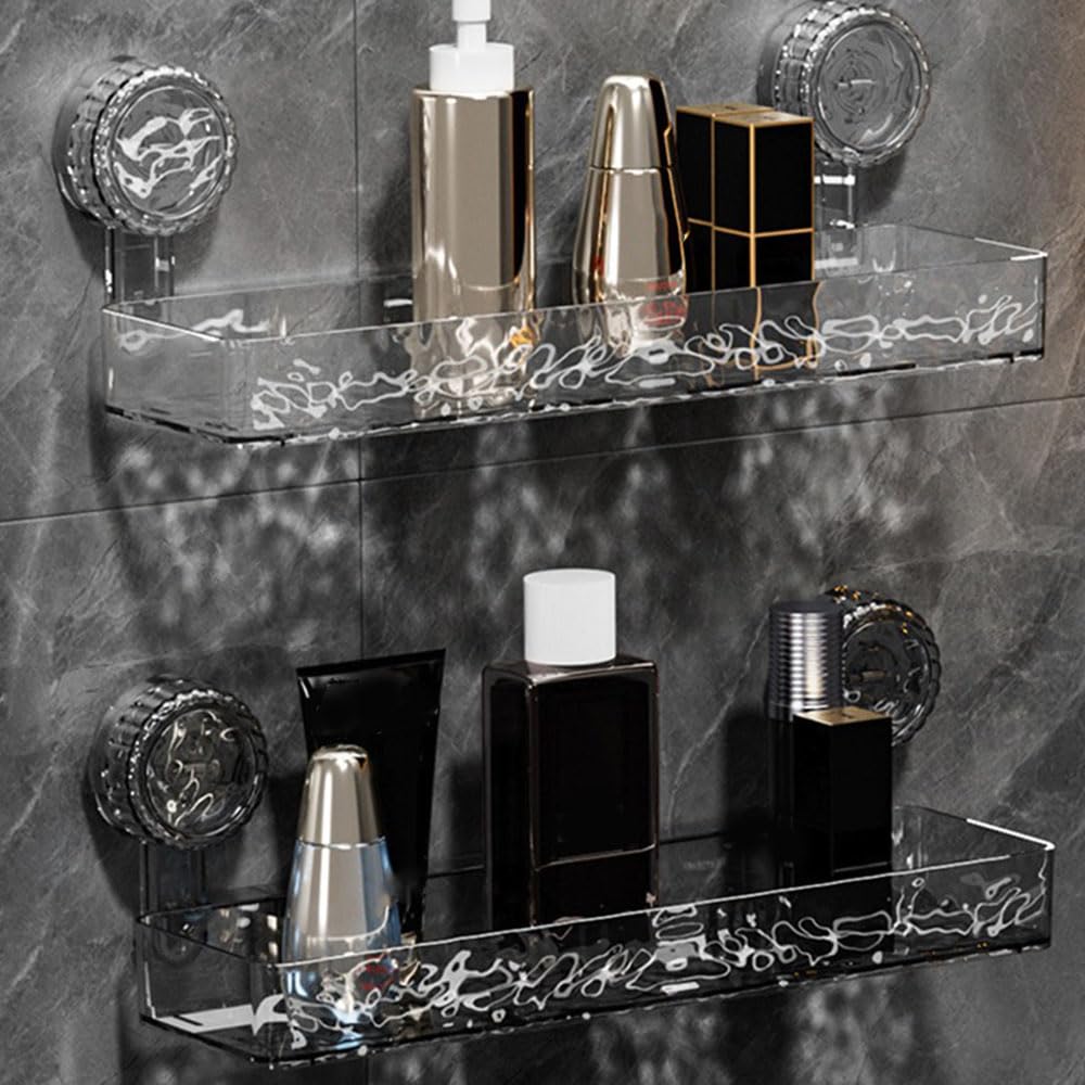 Corrugated Suction Cup Storage Holder, No-Drill Wall Mounted Suction Cup Bathroom Storage, Light Luxury Glacier Pattern Shelf Kitchen (Black)