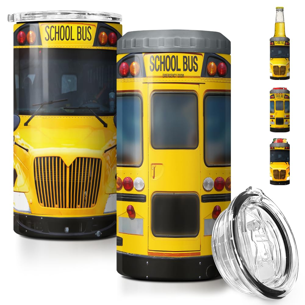 SANDJEST School Bus Driver Tumbler - 4-in-1 Design Tumbler Cup Can Cooler - 12oz Stainless Steel Insulated Cans Coozie Travel Mug Birthday, Christmas, Appreciation, Teacher's Day Gifts for Teachers