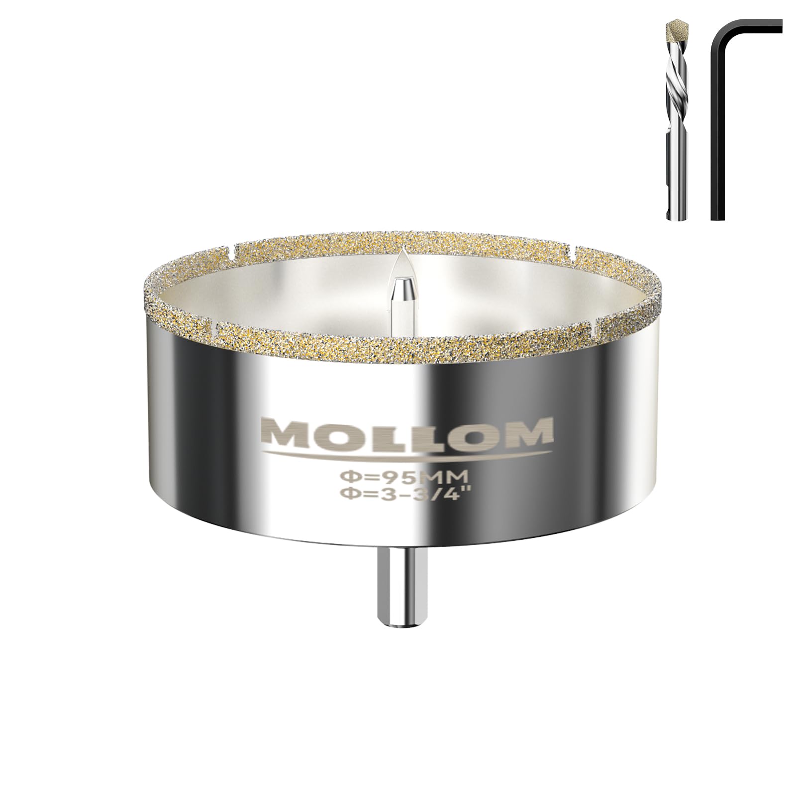 Mollom 3-3/4" (95mm) Diamond Hole Saw with 2Pcs Removable Pilot Drill Bit Smooth Cutting for Porcelain Tiles,Glass,Ceramic,Marble,Fiberglass,etc