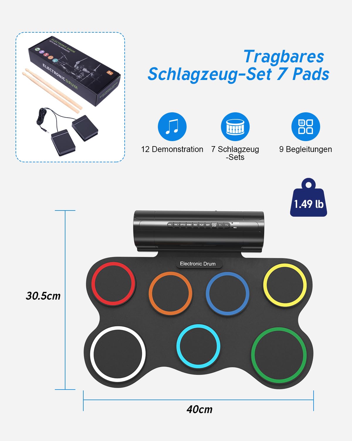 Schlagzeug Elektronisch, 7 Pads Faltbares Elektronisches Schlagzeug mit Drumsticks und Dual Speakers, Farbe Tragrbares Elektrische Drum set für Kinder, Anfänger Geburtstag und Geschenk
