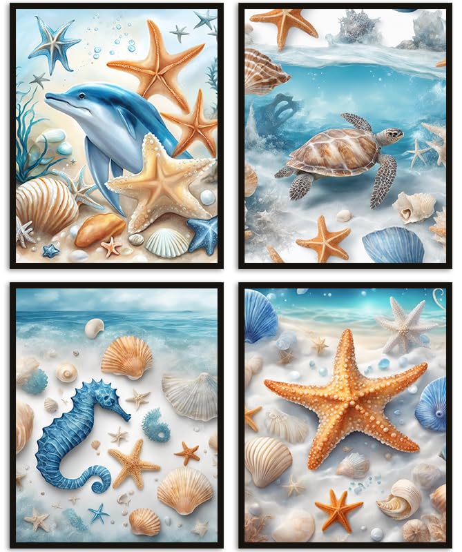 Nilem Design Ocean Animal Seahorse Sea Turtle Starfish Dolphin Seashell Wall Art Poster Set of 4 Unframed (8x10'') Ocean B...