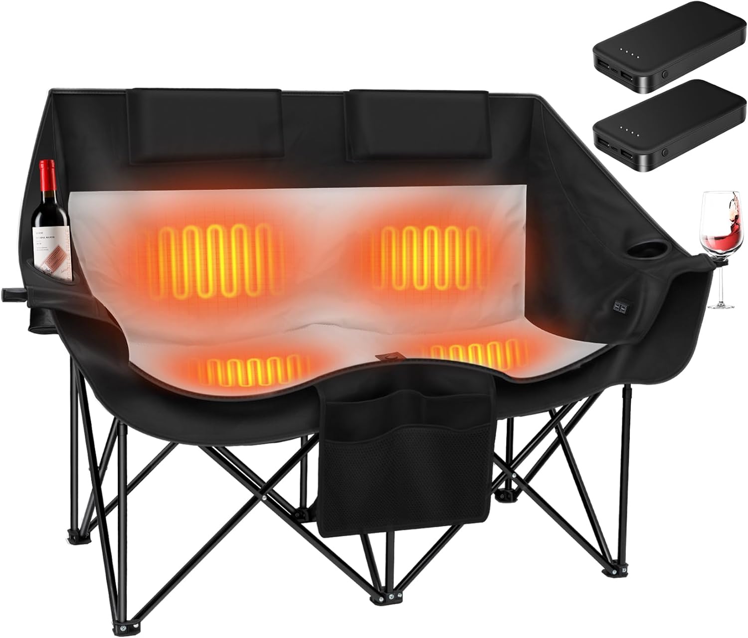 Heated Double Camping Chair,Dual Control Switches,Heated Camping Chair with 3 Heat Levels Heated Folding Chair Supports 550 lbs for Outdoor Sports Lawn Picnics