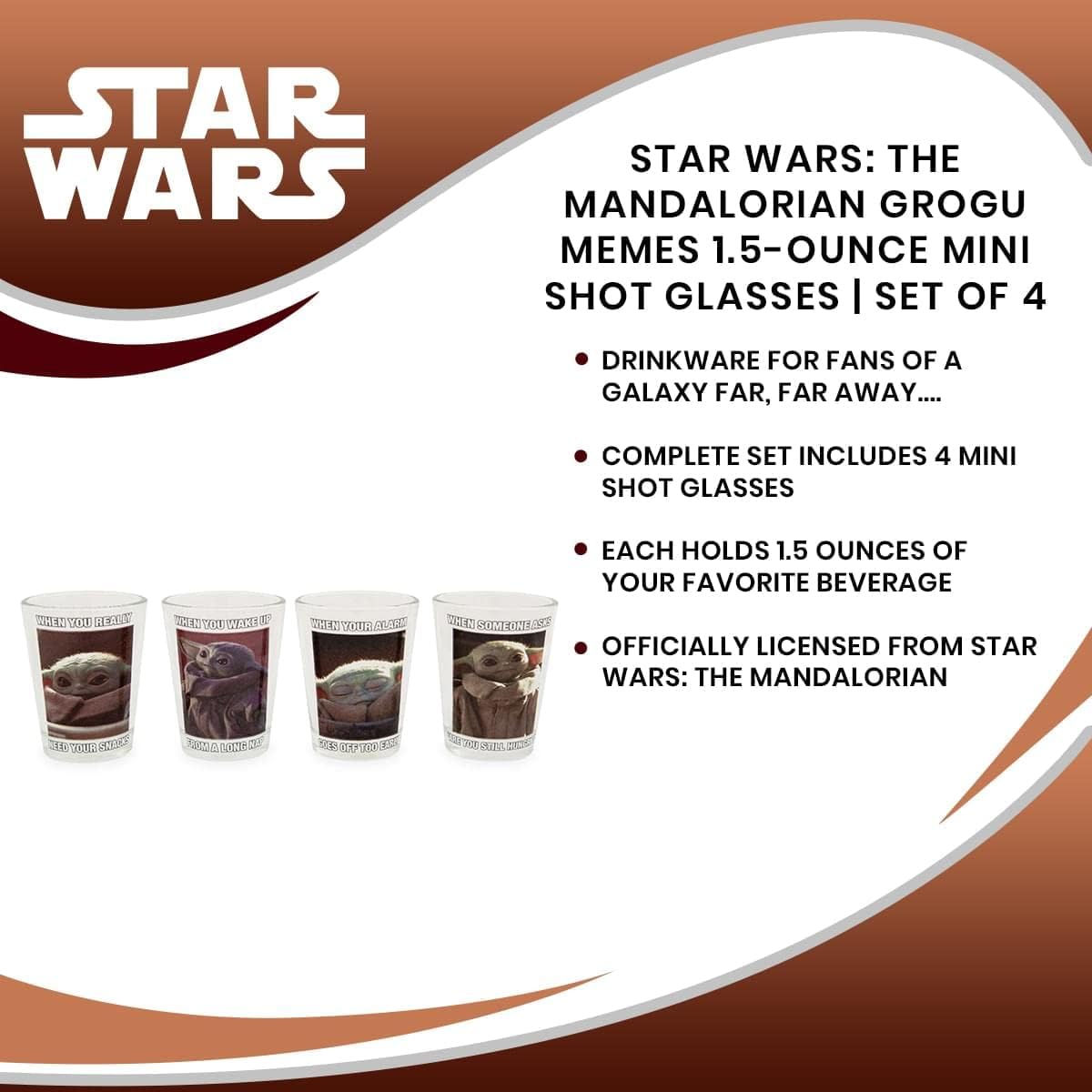 Star Wars: The Mandalorian Grogu Memes 1.5-Ounce Mini Glass Cups, Set of 4 | Whiskey Shot Glasses, Home Barware For Liquor and Beverages, Kitchen Decor Essentials | Cute Baby Yoda Collectibles - Image 7