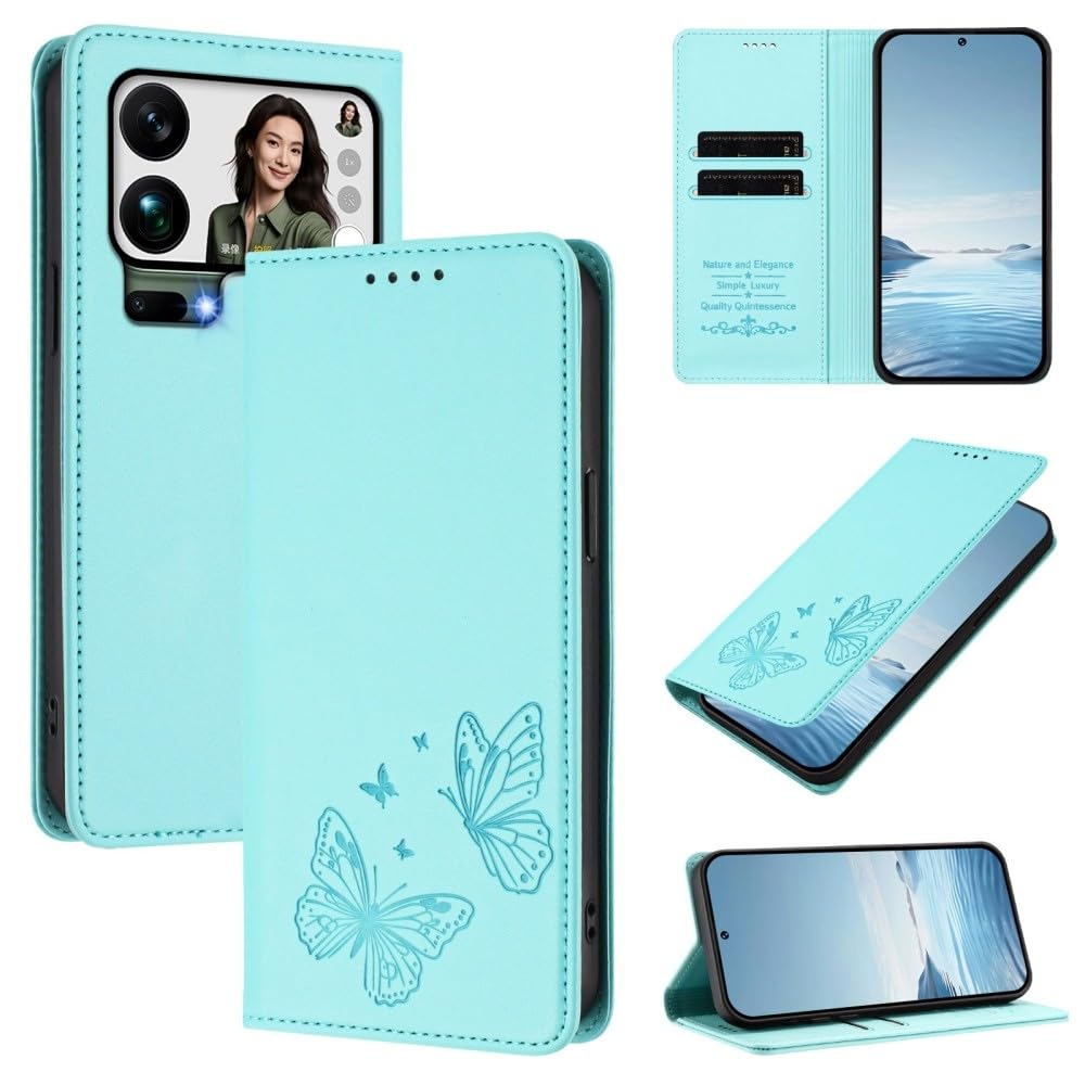 Étui Xiaomi Redmi Note 14 5G cuir rabat magnétique vert menthe papillon