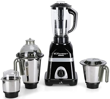 SilentPowerSunmeet Diaa Powerfull 600W Mixer Grinder with 3 Stainless Steel Jars and 1 Juicer Jar (1 Wet Jar, 1 Dry Jar and 1 Chutney Jar), Black.Make in India(ISI Certified)