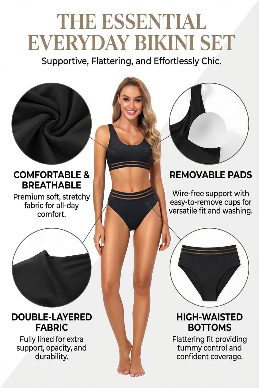 Tempt Me Women Two Piece Scoop Neck Bikini Crop Top Swimsuit Sporty High Waisted Bathing Suit