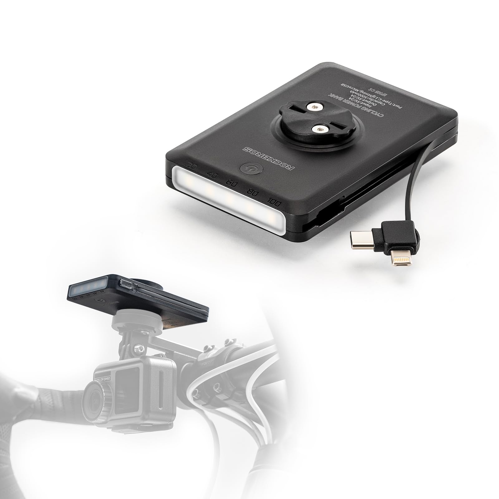 ROCKBROS Luce Bici, Power Bank Ricaricabile, Fanalino Anteriore MTB, 4 Modalità, Luce Bicicletta, Ricaricabile Type-C, USB, Lightning, Impermeabile IPX6, Adatto per Bici da Strada, Bici da Città