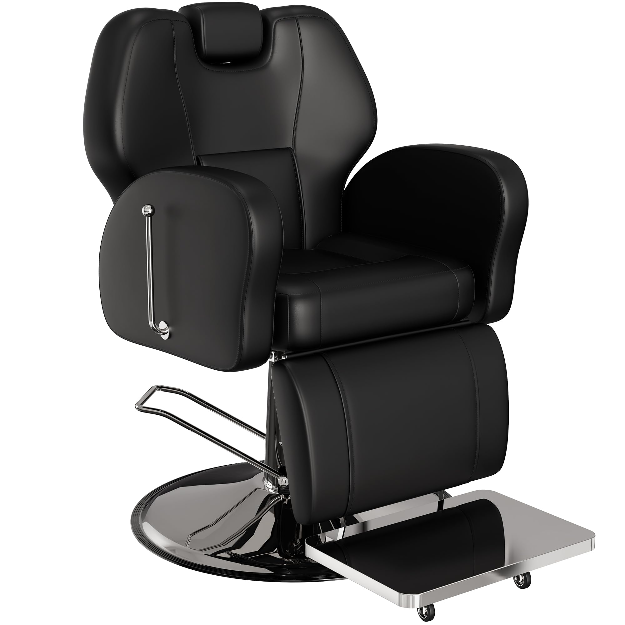 Baasha Premium Black Reclining Barber Chair, Professional Salon Seat with Soft Leather Upholstery and Adjustable Headrest, Comfortable for Braiding