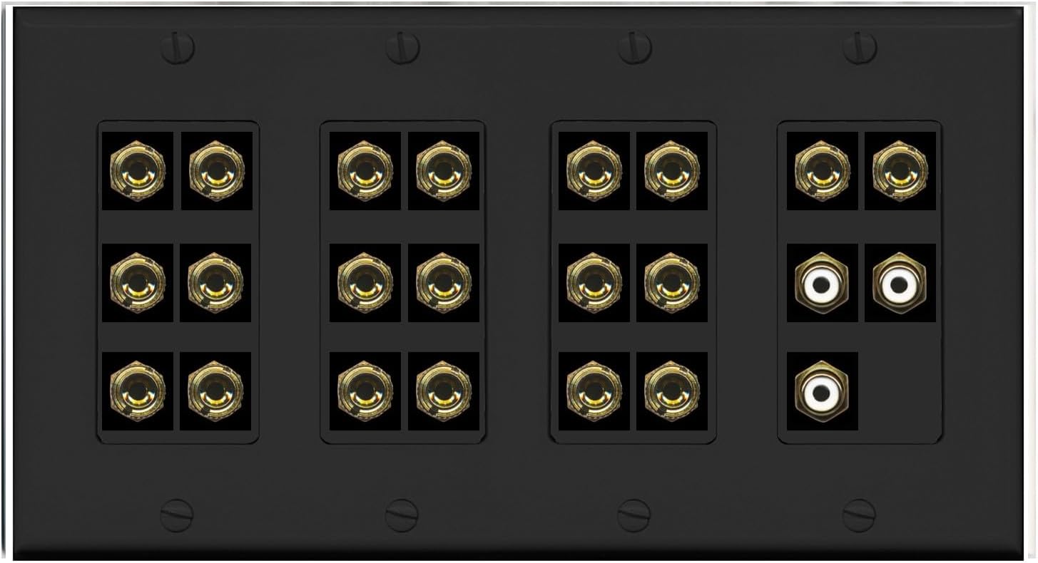 RiteAV 10.3 Surround Sound 10 Speaker 20 Banana Plug Jack Wall Plate w/3 RCA Subwoofer Female Connectors - 4 Gang [Black]