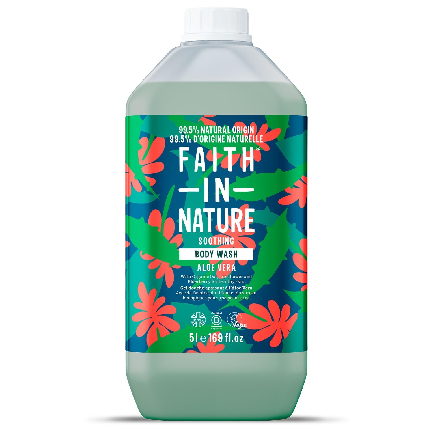 Faith In Nature Gel Douche Naturel à l’Aloe Vera, Apaisant, Végan et Non Testé sur les Animaux, Sans SLS ni Parabènes, Recharge 5 L