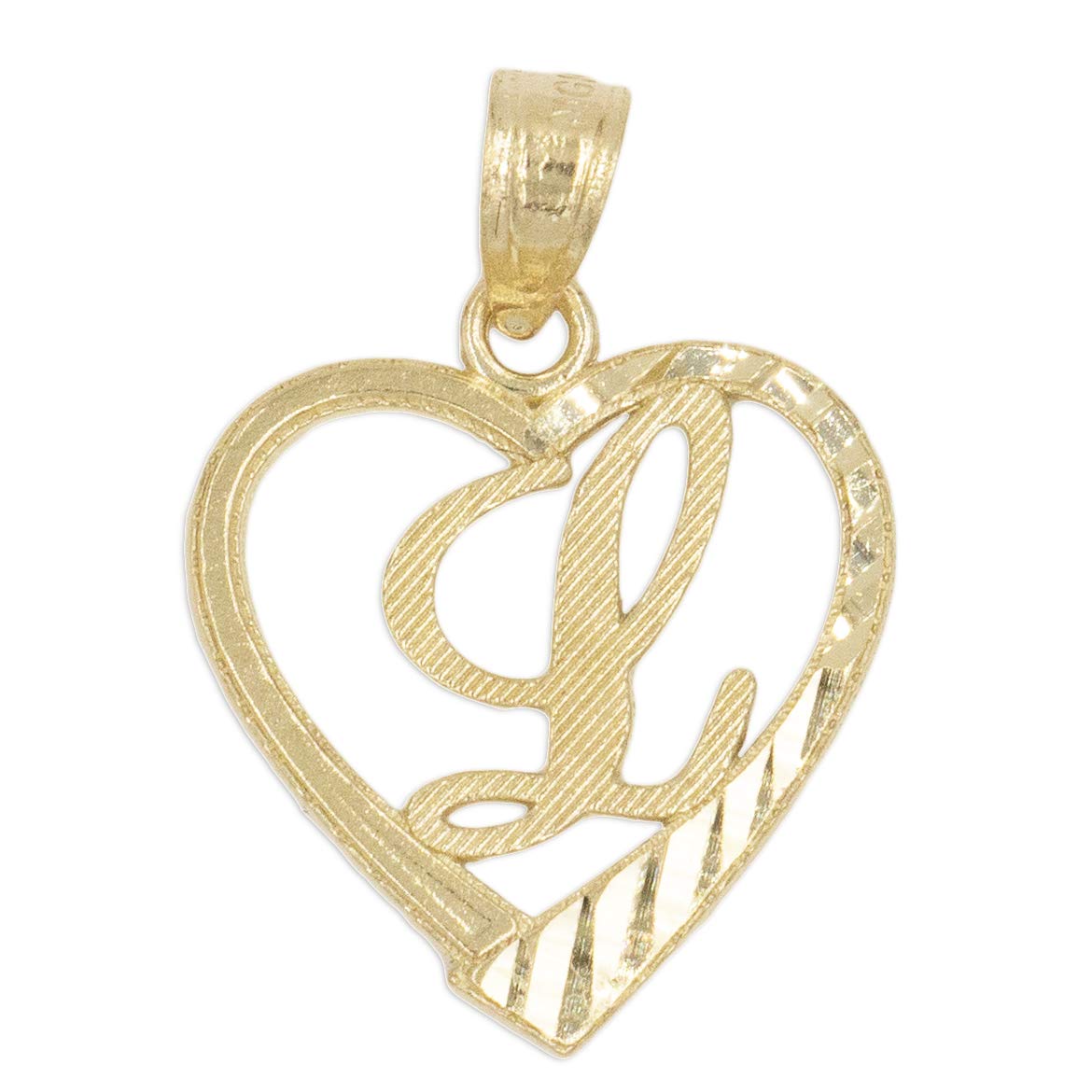 Ice on Fire Jewelry10k Solid Gold Initial Pendant in Heart Frame with Diamond Cut Finish, Available in Different Letters of Alphabet Personalized Charm for Women (L)