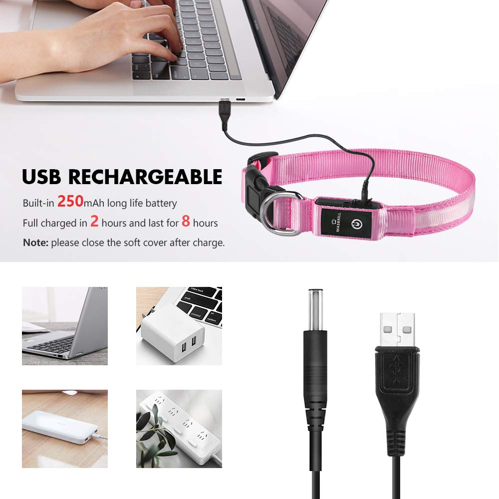 MASBRILL Collare Luminoso per Cani, Collare di Cane LED Ricaricabile e Impermeabile, 3 modalità d'ardore e Misura Regolabile Adatto per Cani di Taglia Piccola Media Grande (S (Confezione da 1), Rosa)