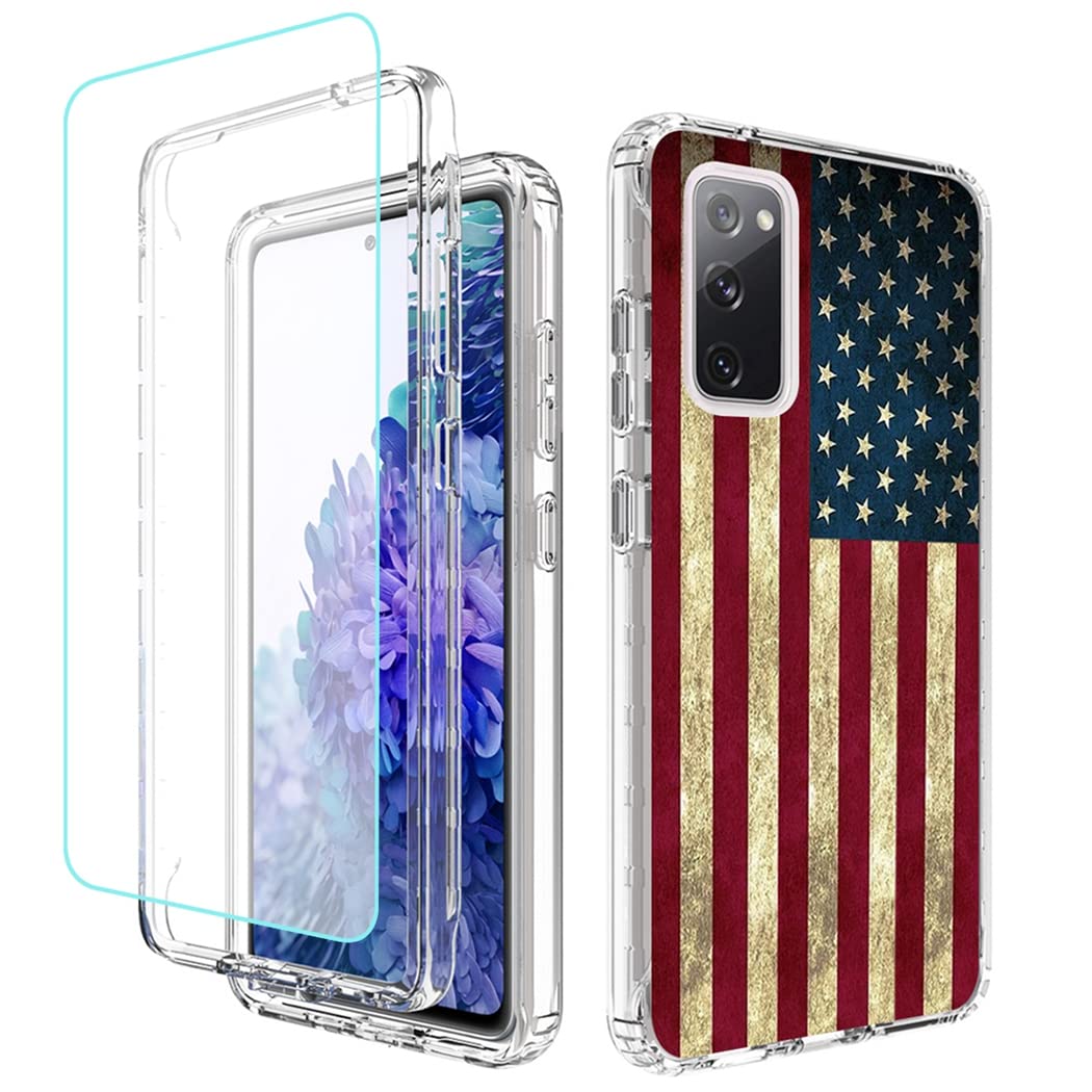 Tothedu Phone Case for Galaxy S20 FE 5G, Samsung S20 FE SM-G781U Case with Tempered-Glass Screen Protector, Clear Flag Pattern Full Body Protective