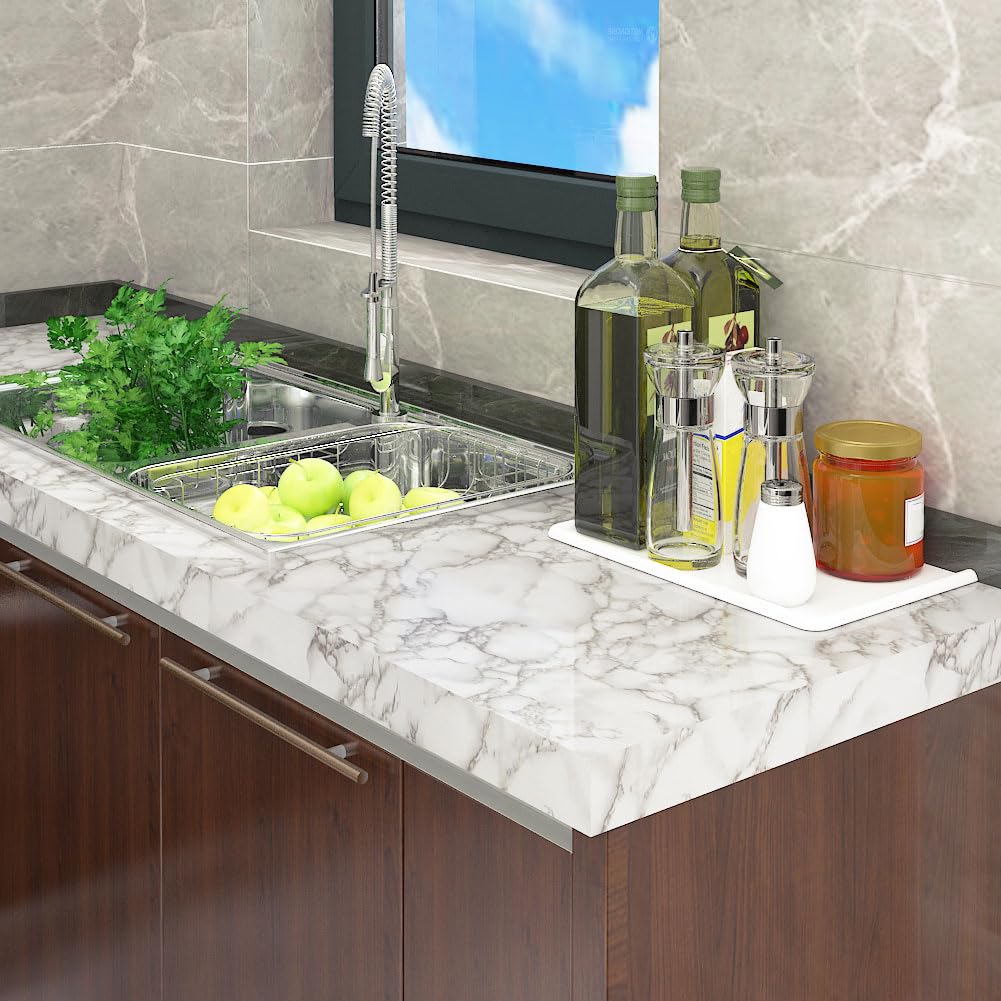LaCheery 90cm x 400cm Pellicola Adesiva per Mobili Marmo Bianco Carta Adesiva per Mobili Grigio Impermeabile Pellicola Autoadesiva Cucina Grigio per Tavoli Armadio Carta da Parati Autoadesiva Lavabile