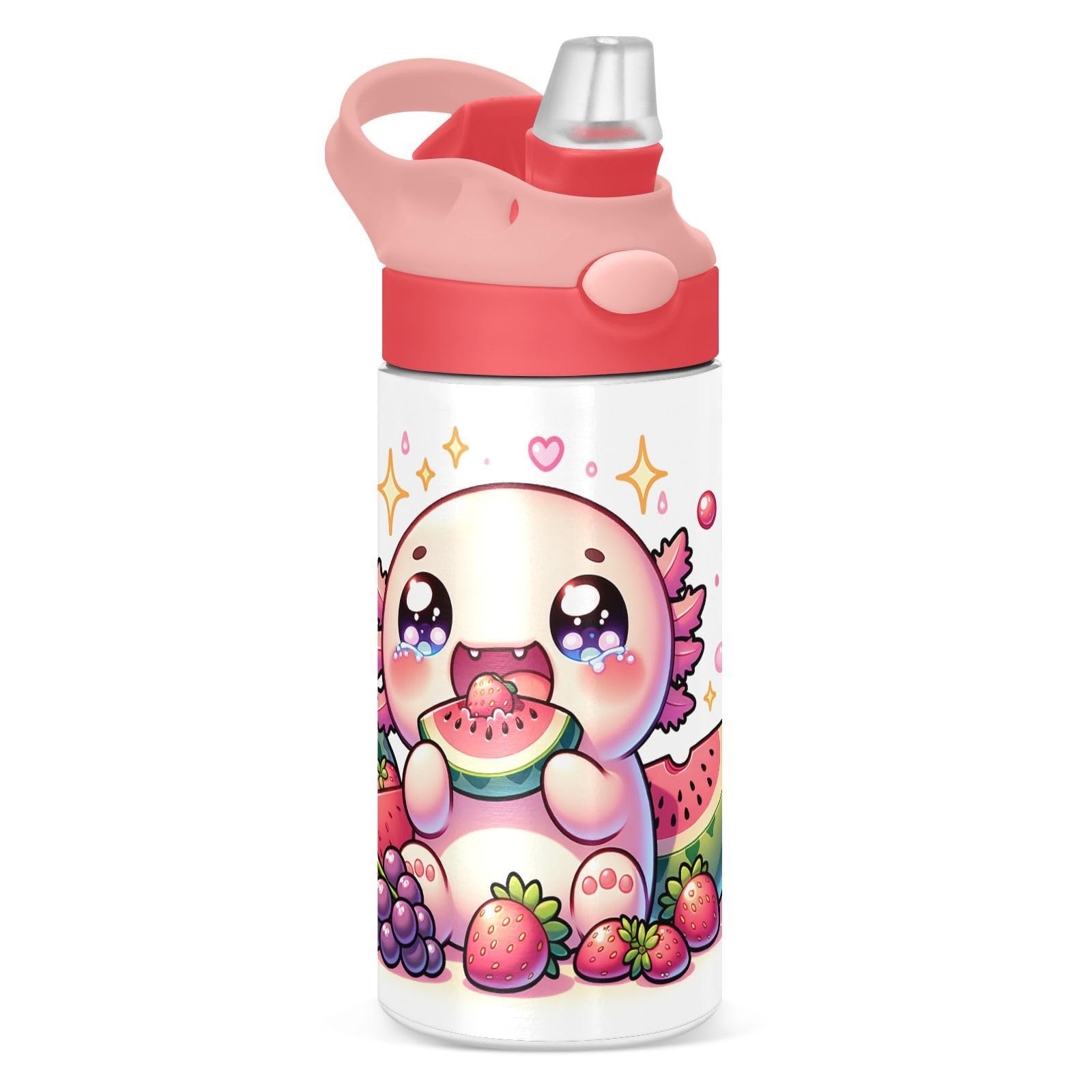 DIGTIA Axolotl Eat Fruits Cartoon Insulated Water Bottle with Straw Handle for Kids 12 OZ Cute Kawaii Stainless Steel Vacuum Insulated Cup for Hot and