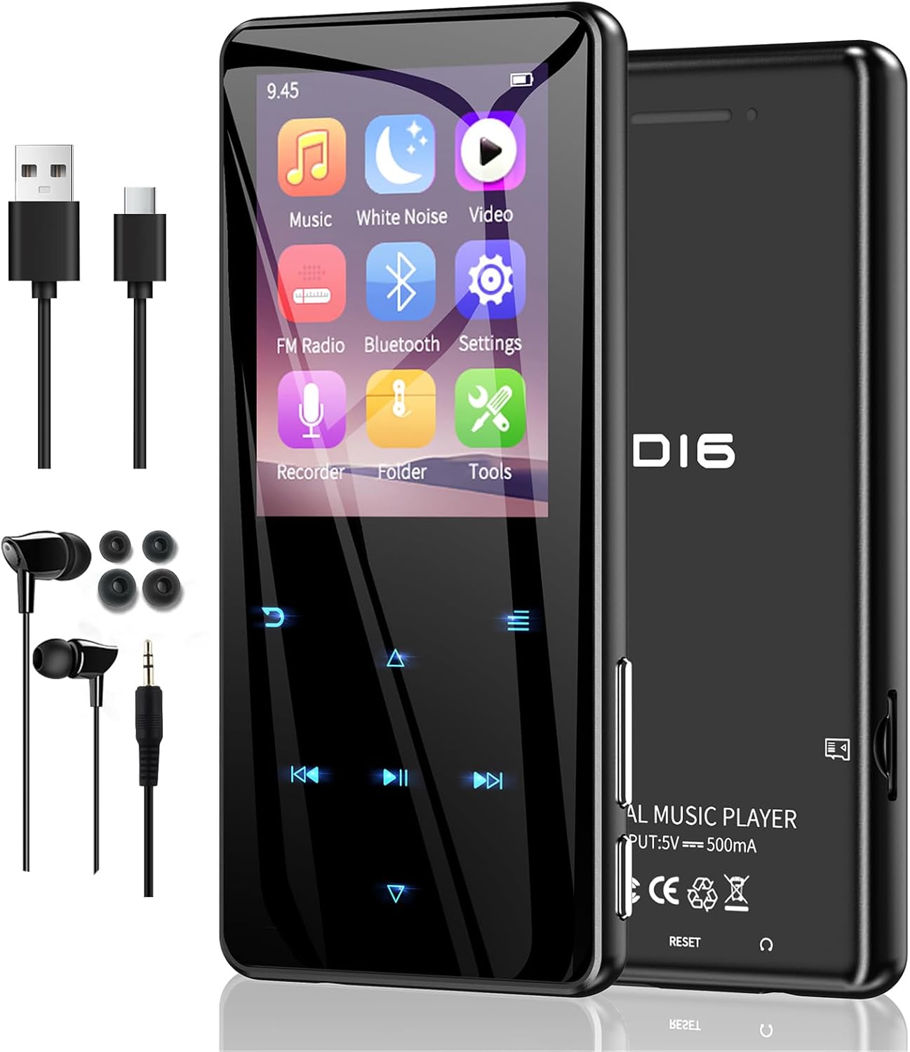 64GB MP3 Player with Bluetooth 5.3, Built-in White Noise Sounds, 2.4-inch Screen, Metal Body, Portable Music Player with Speaker, FM Radio, Voice Recorder, Shuffle, Support 128GB Micro SD Card