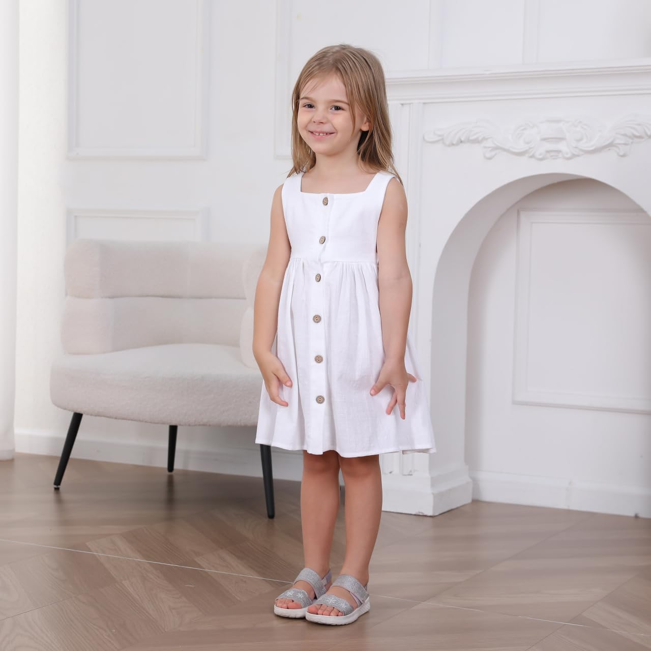 Toddler Girl Cotton Linen Summer Dress Suspender Sleeveless Button Beach Girls Sundress - Image 2