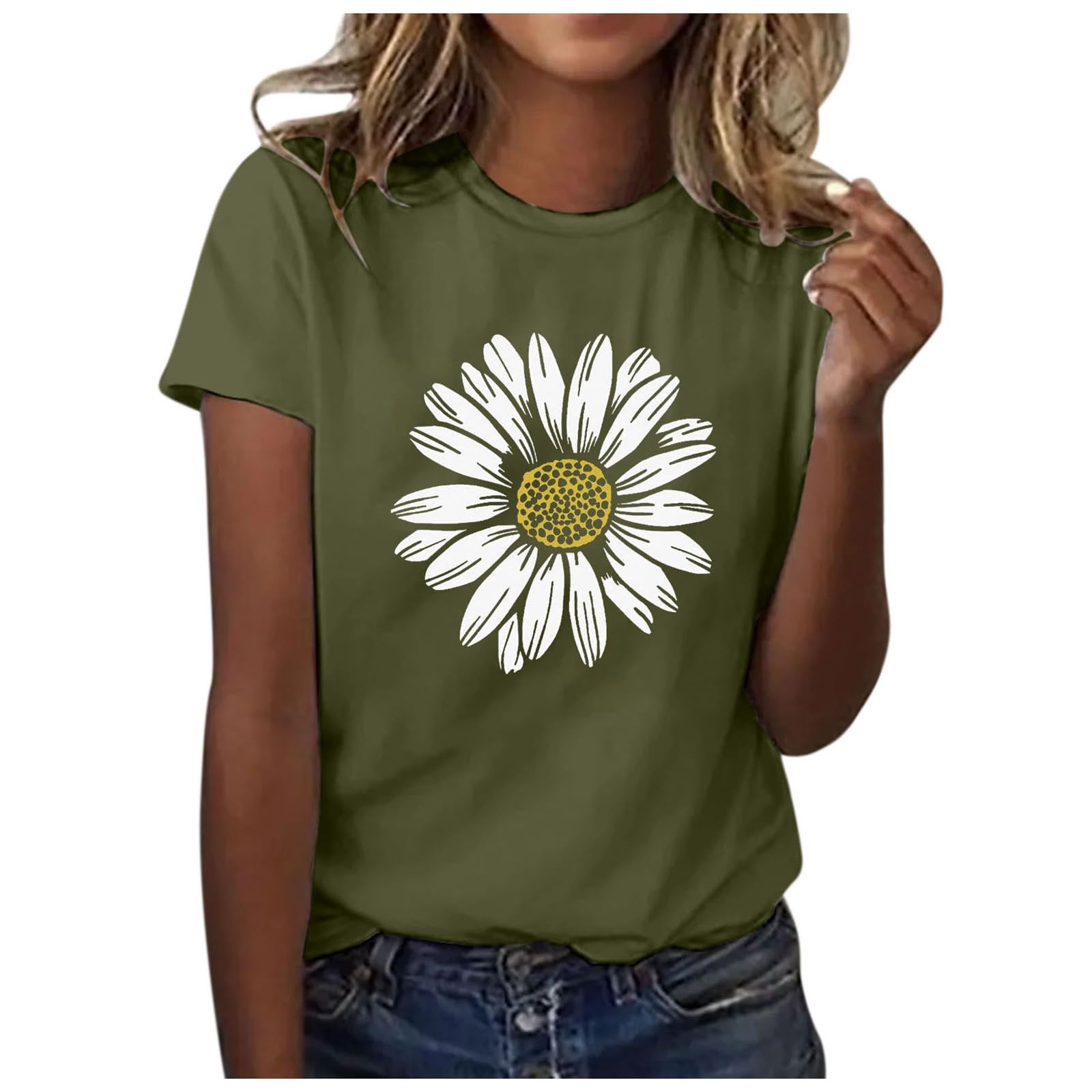 Briskorry Camiseta de manga corta para mujer, elegante, camiseta de manga corta, cuello redondo, camiseta estampada, camiseta clásica, blusa de verano suelta, ligera, versátil, playera