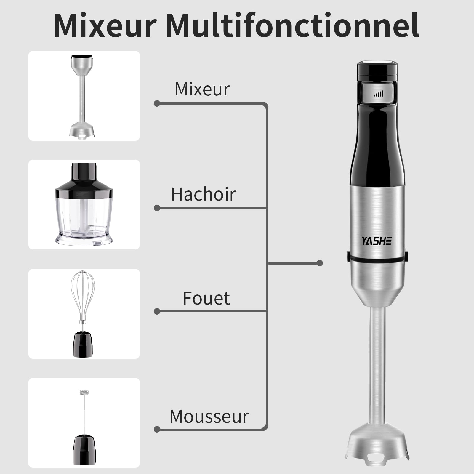 Mixeur Plongeant 5 En 1 Yashe - 1000W, Vitesse Variable - Hachoir, Fouet, Mousseur à Lait Inclus